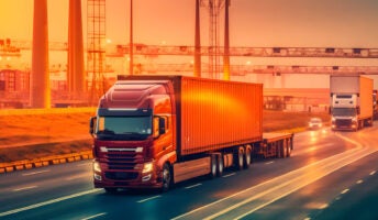 A truck driving against a futuristic orange background illustrating smart asset tracking