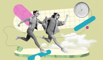 Two young women running towards a clock illustrating concept of productivity at work