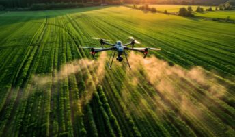 A drone flies over a field