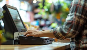 A shopkeeper uses a POS system.