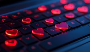 Hearts spattered over a computer keyboard.