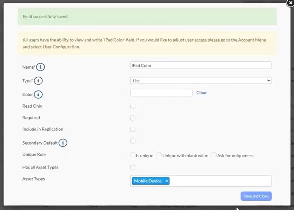 Asset Panda item field