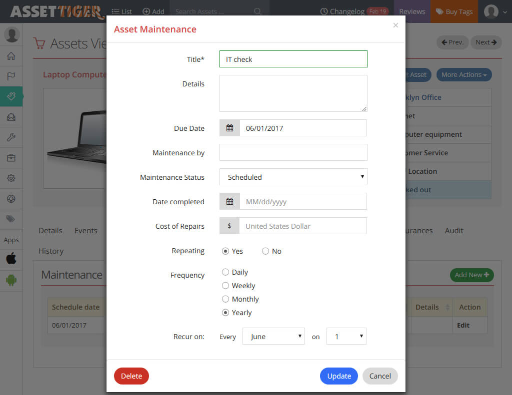 AssetTiger asset maintenance page