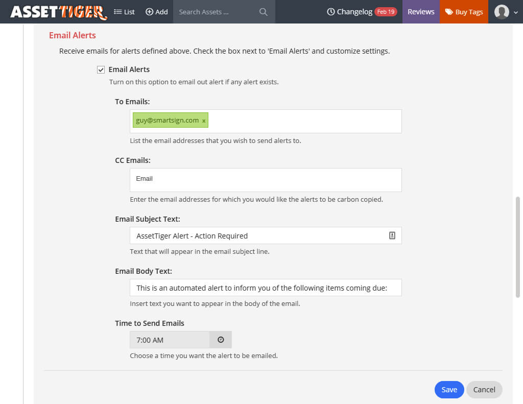 AssetTiger: email alerts