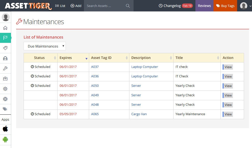 AssetTiger List of Maintenance