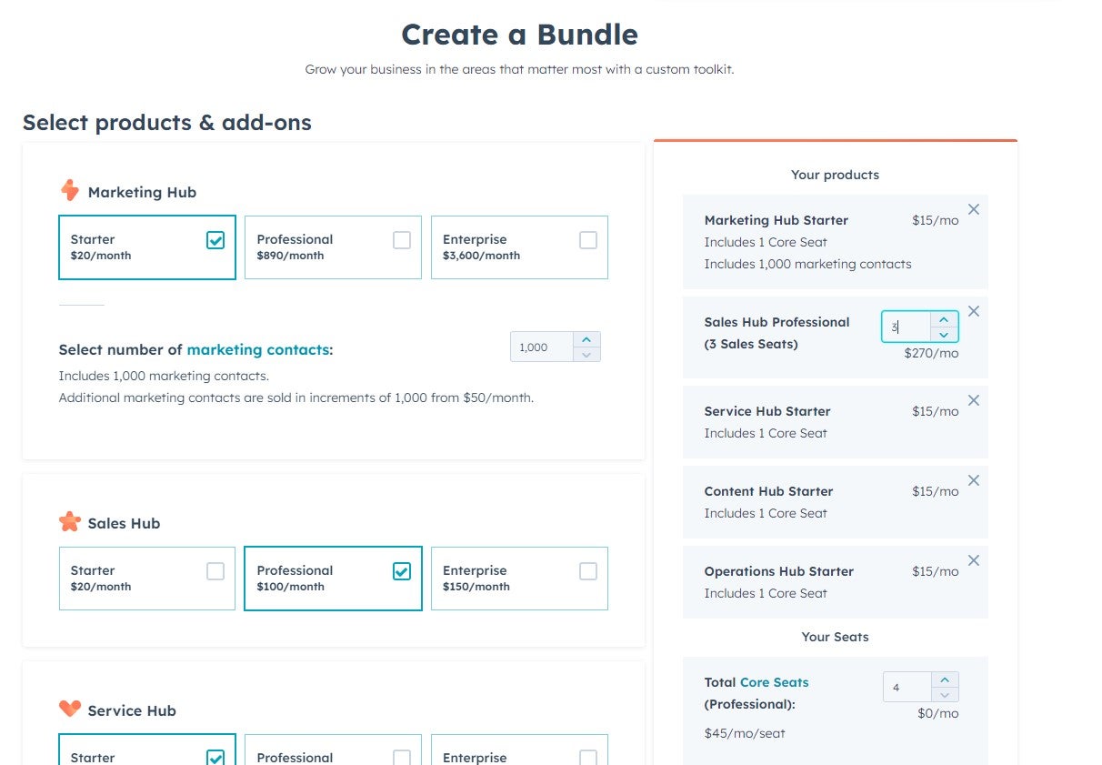 Hubspot's custom bundles pricing feature