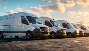 A fleet of vans in a parking lot.