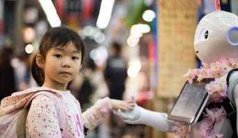 young girl with service robot in market