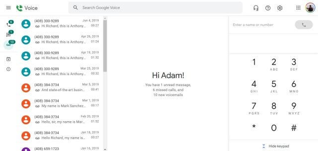 Google Voice homepage