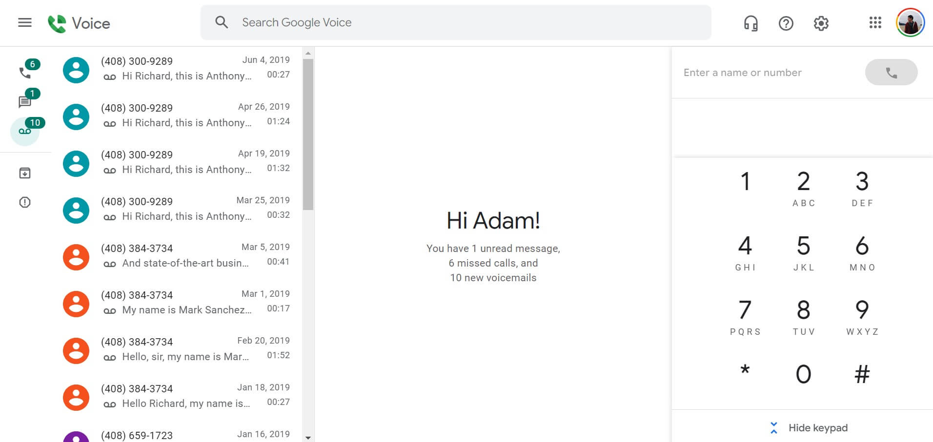 Google Voice homepage