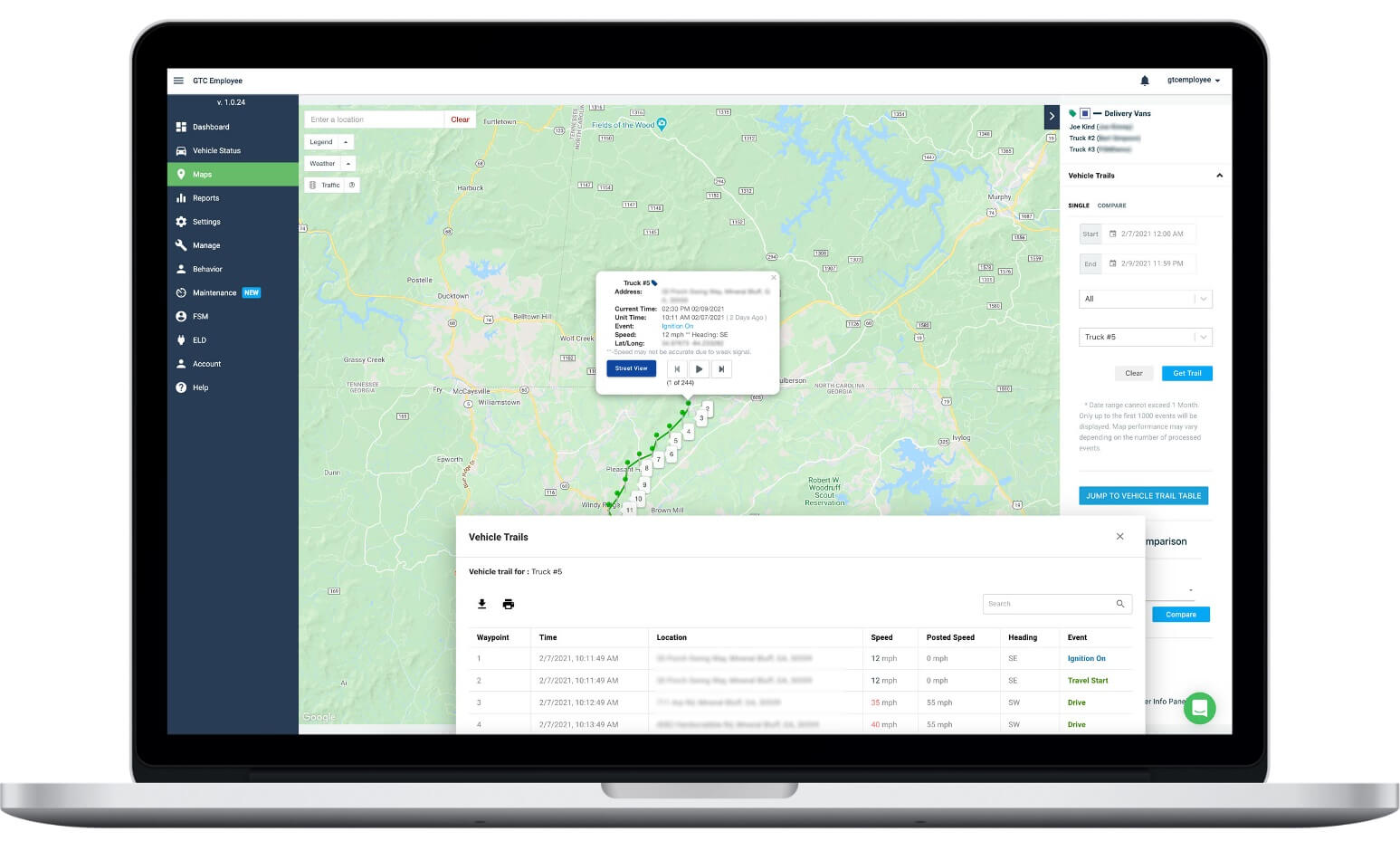 Managers can click on each vehicle on the GPS Trackit map in order to learn more data about it. Source: GPS Trackit