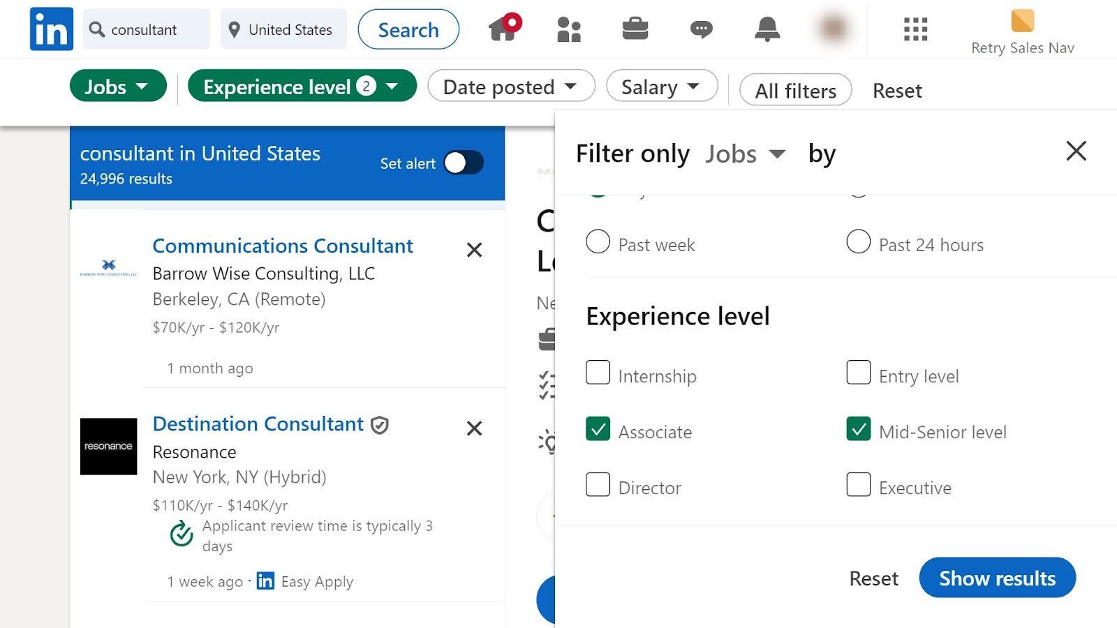 LinkedIn's job search page, displaying adjustable filters on the left and a list of job titles and details on the right.