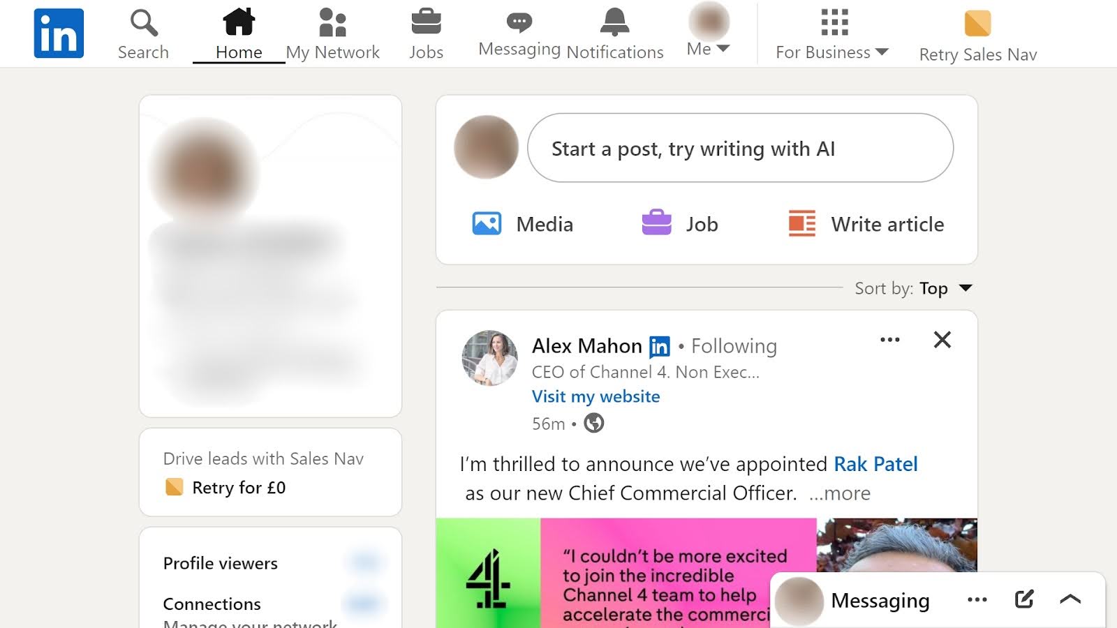 LinkedIn homepage for a user, showing feed content on the left, a navigation bar at the top, profile details on the right, and ‘Start a post, try writing with AI’ near the center.