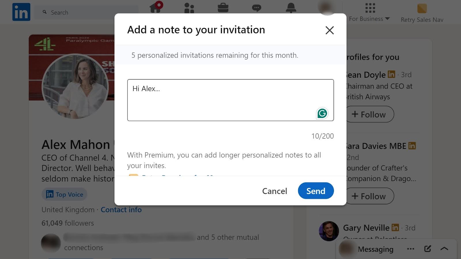 A screenshot of a LinkedIn profile. There’s a text box where a user can add a note to accompany their request to connect.