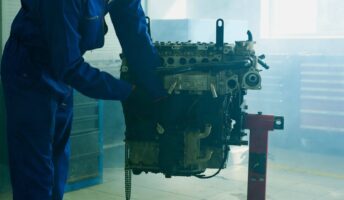 A worker completes preventative maintenance on an engine.