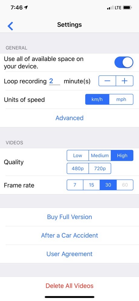 Smart dash cam app: Settings