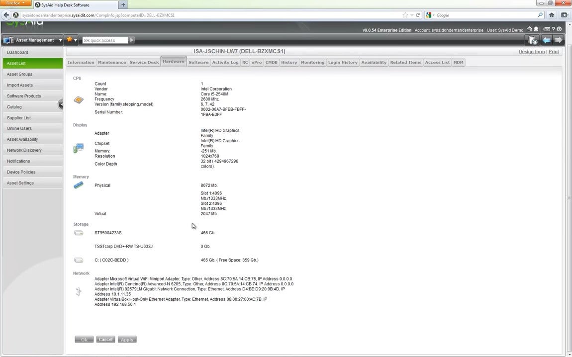 SysAid asset tracking: Asset list