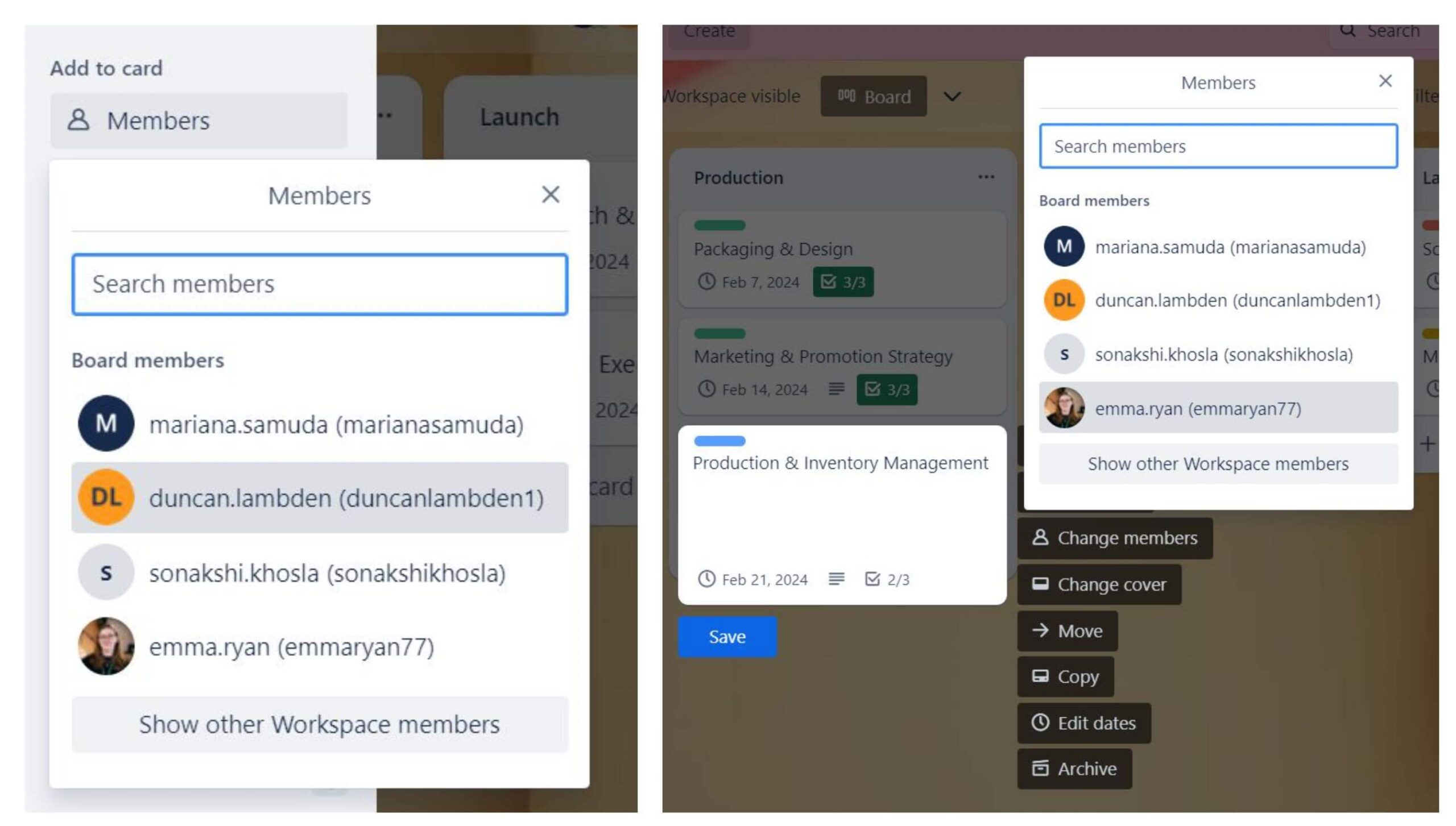 Adding members to a Trello project management card.