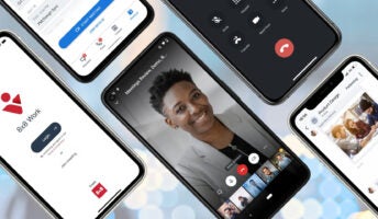 Press image of 8x8 VoIP app shown on mobile phone screens
