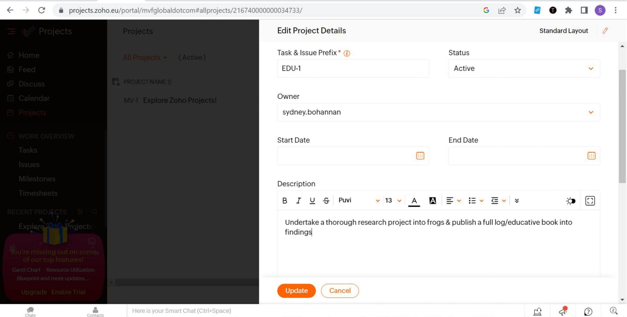 Zoho Projects: Editing project details