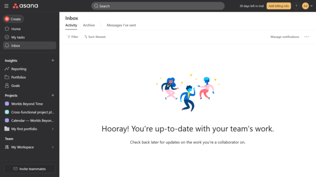 Asana gives users a message once they've reached inbox zero.