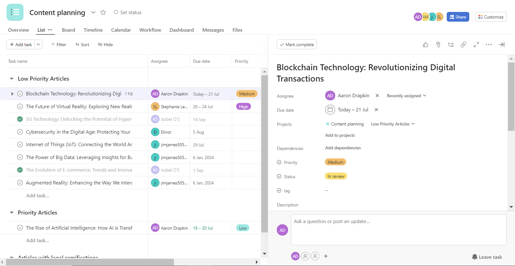 Managing tasks in asana