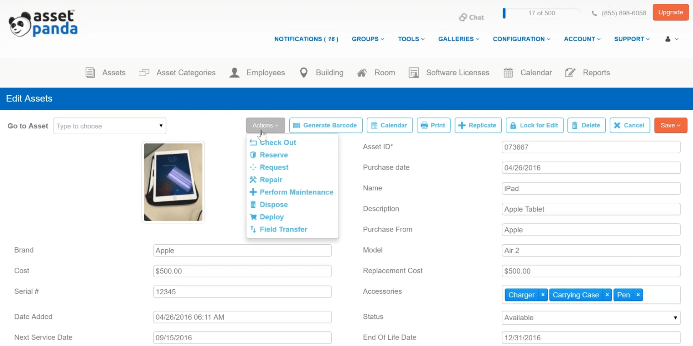 Screenshot of Asset Panda software showing asset editing interface in action