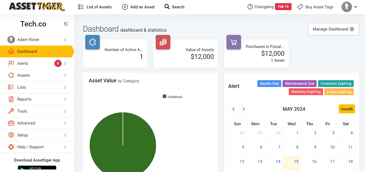 One example of an Asset Tiger dashboard