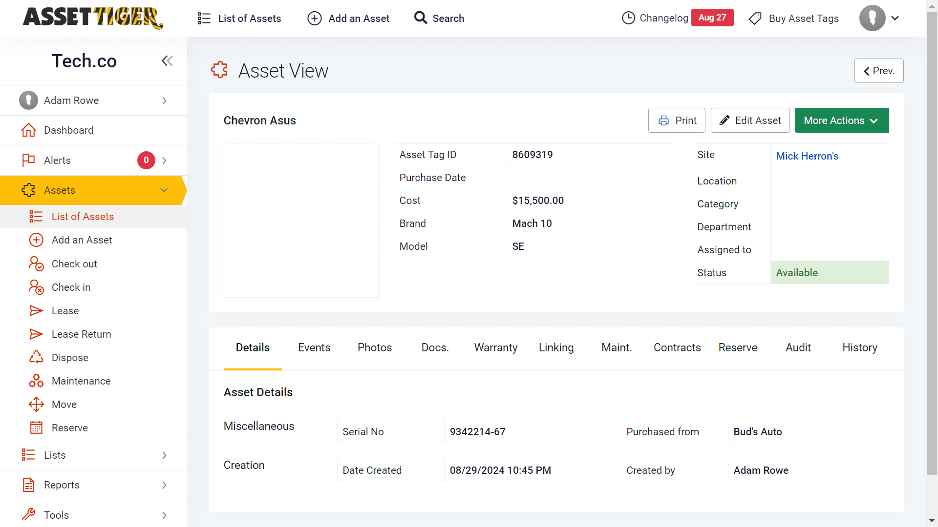 AssetTiger's list of assets covers costs, purchase date, location, and more.