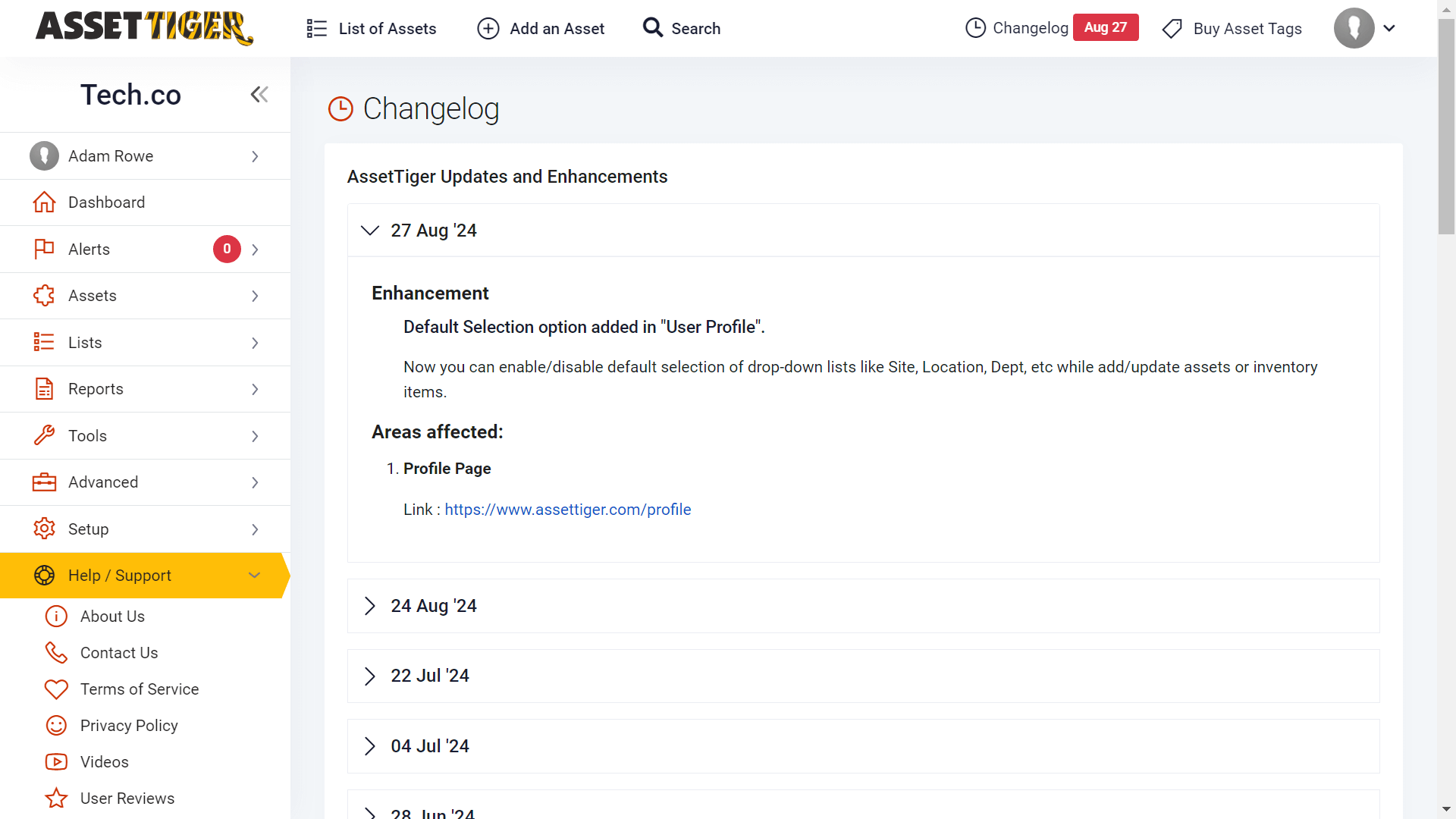 AssetTiger's changelog keeps users updated on the latest news and upgrades.