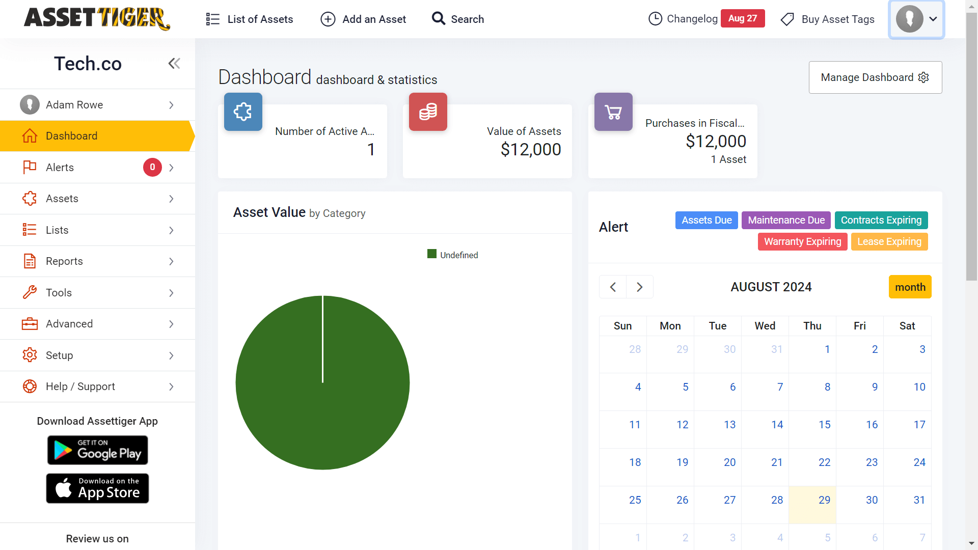 AssetTiger's homepage includes graphs and a calendar.