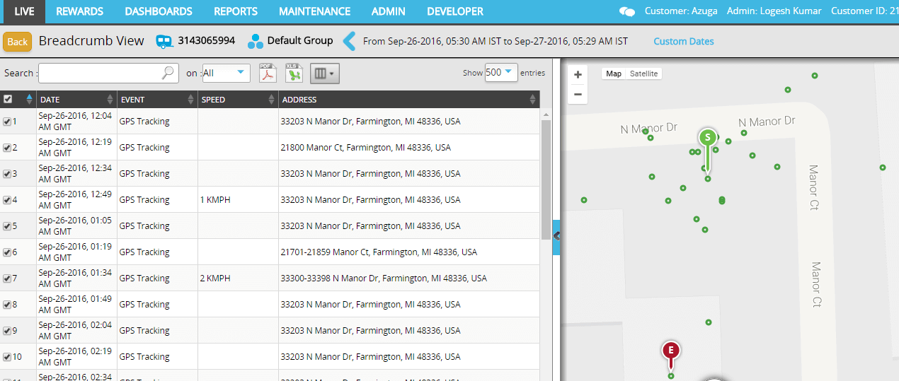 Azuga asset tracking: breadcrumb view