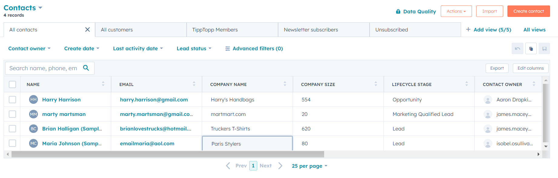 A list of marketing contacts compiled in HubSpot. Image: Tech.co