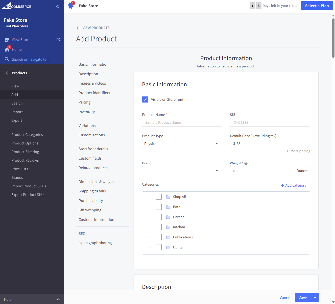 BigCommerce Add Product interface