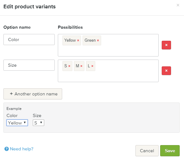 Webador product variant feature