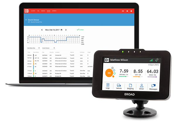 The EROAD Ehubo ELD's software tracks core ELD needs, including hours of service. Source: EROAD