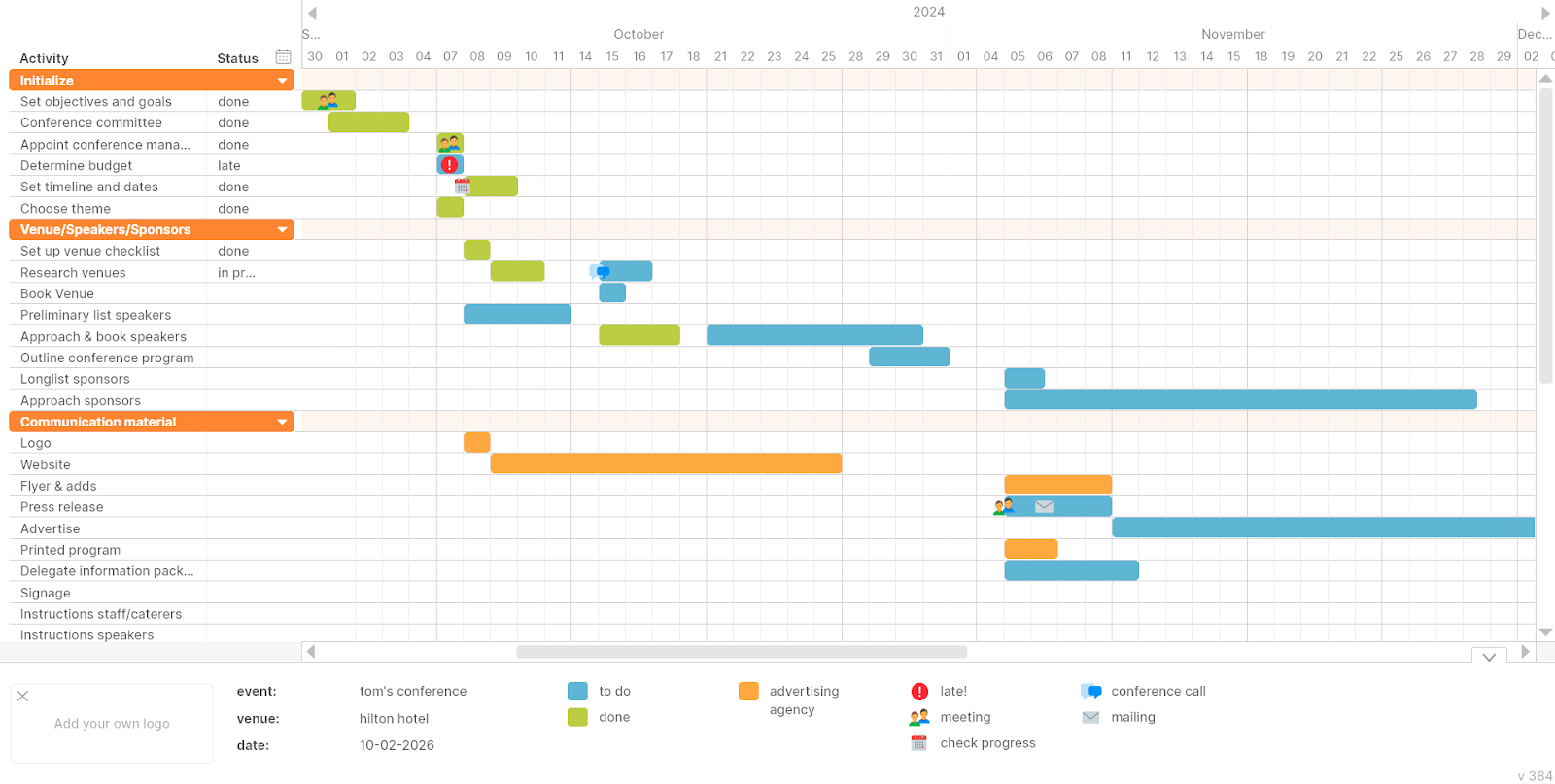 An example event planning Gannt chart created in Tom’s Planner.