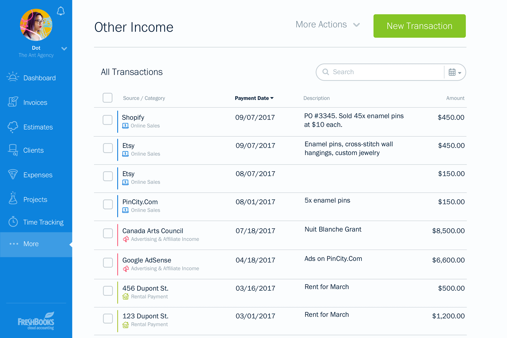 FreshBooks: list of transactions