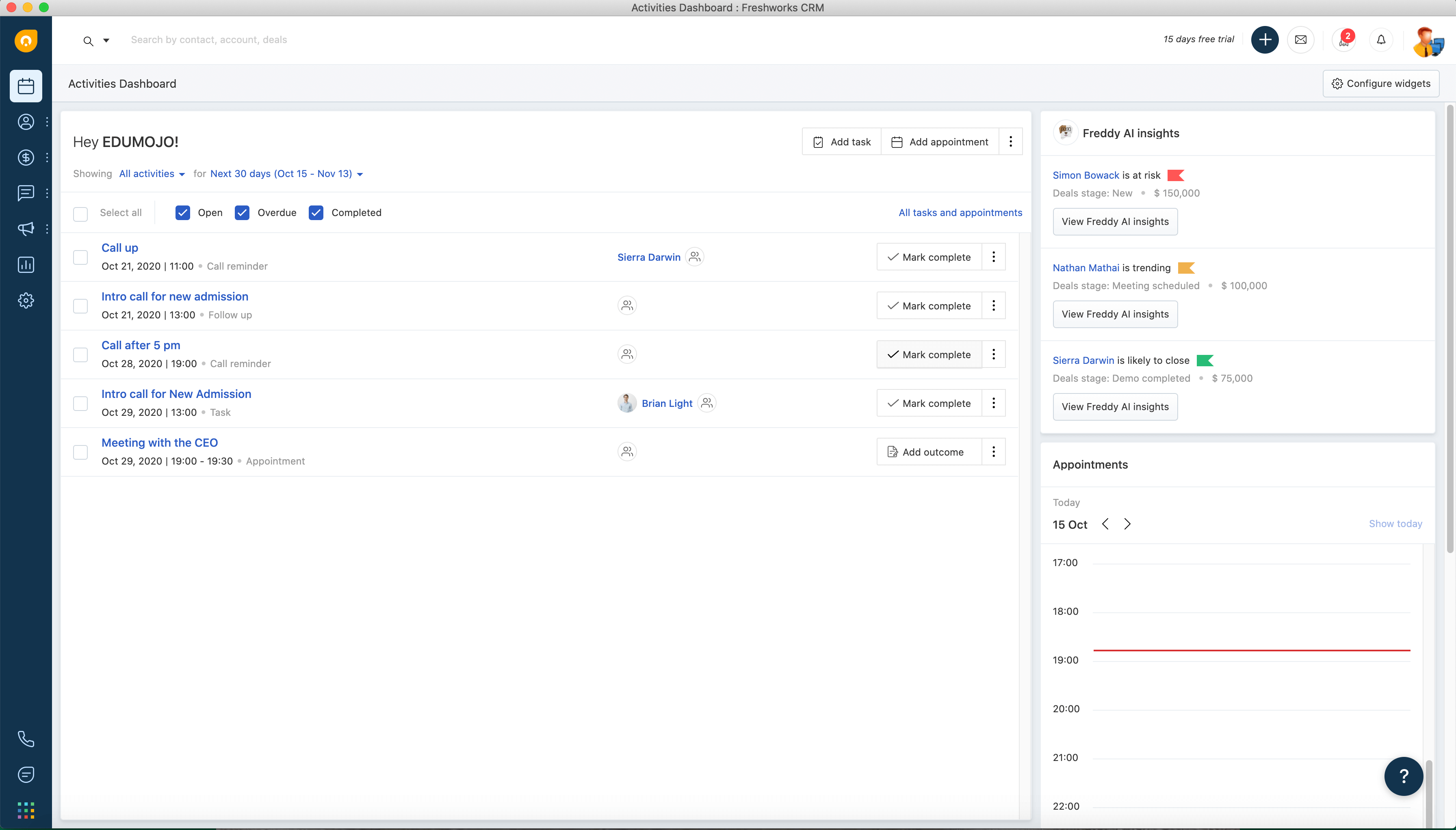 Freshworks CRM Activities Dashboard
