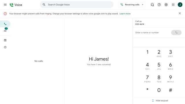 The Google Voice homepage offers a stripped-down, easy-to-parse collection of call logs, voicemail, and a number pad.