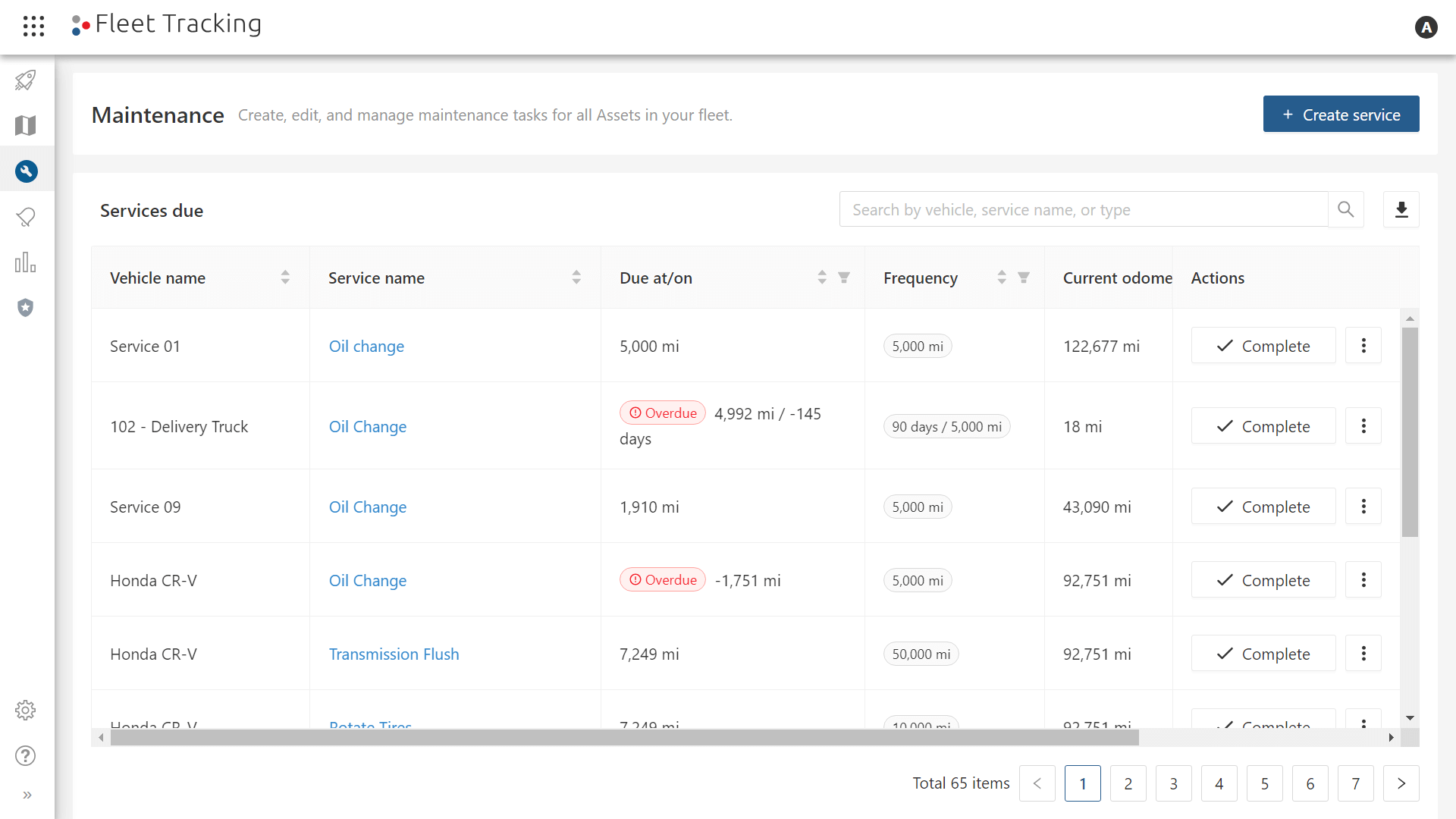 GPS Insight lists maintenance records