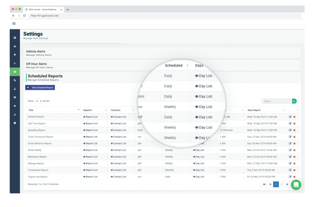 GPS Trackit Fleet Management Settings Scheduled Reports