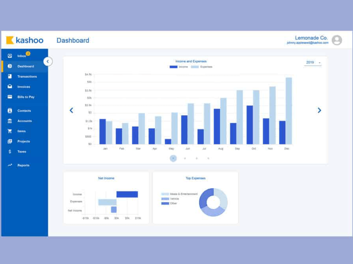 kashoo accounting software main dashboard