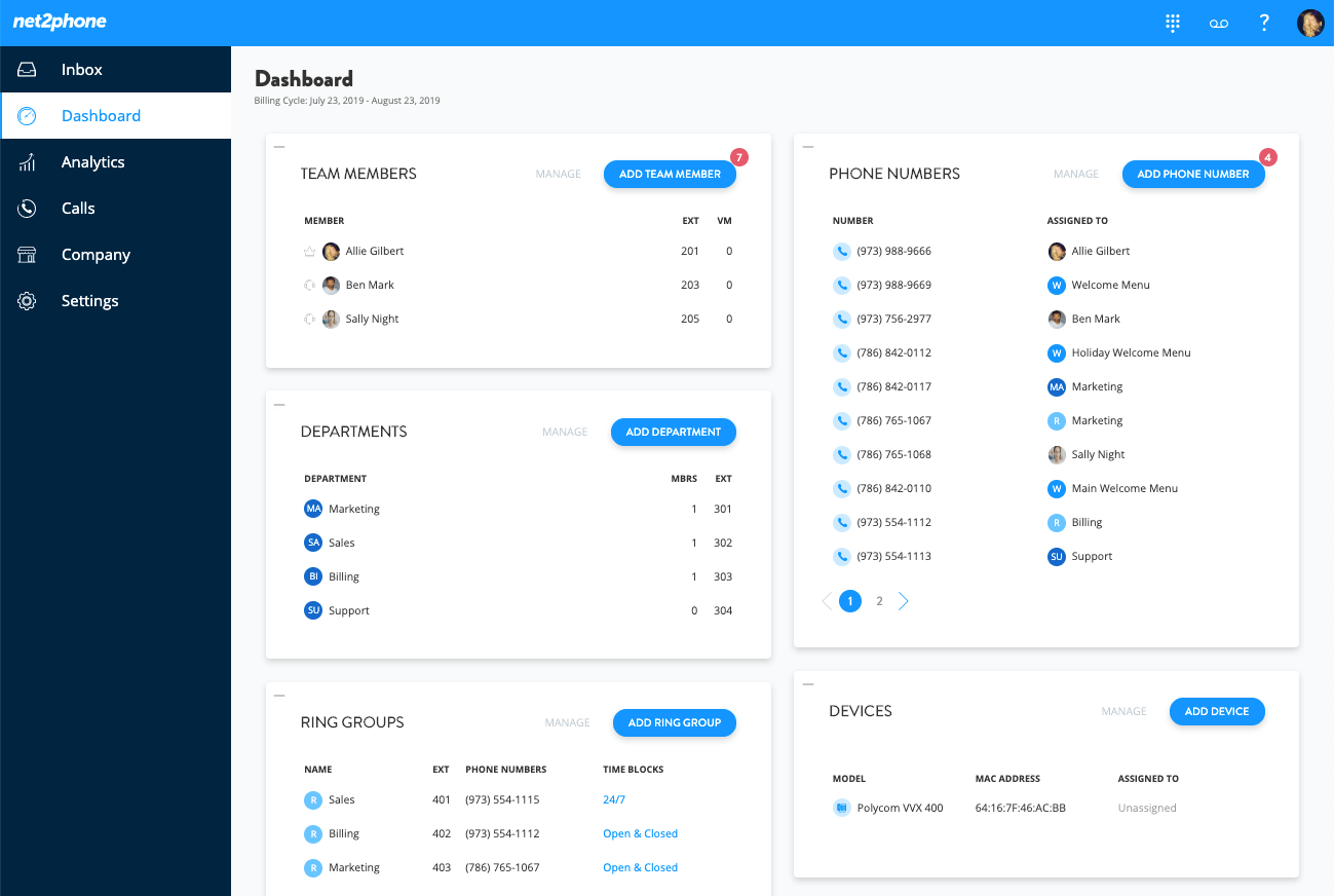 Net2Phone Home Dashboard