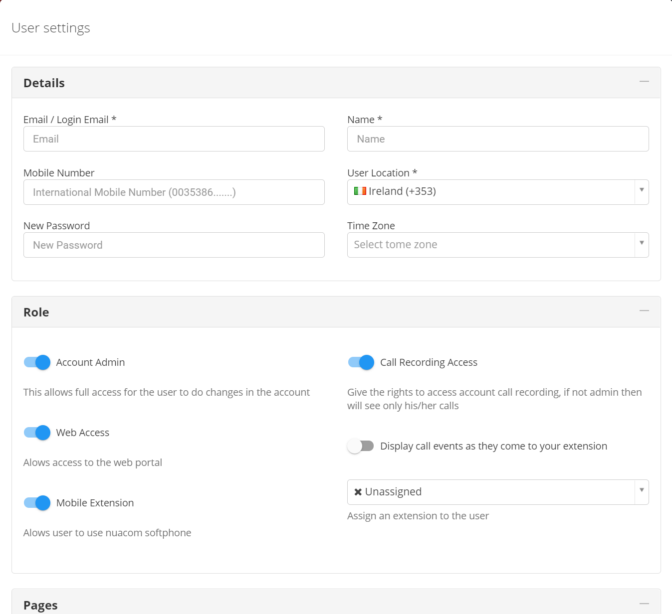 Nuacom user settings