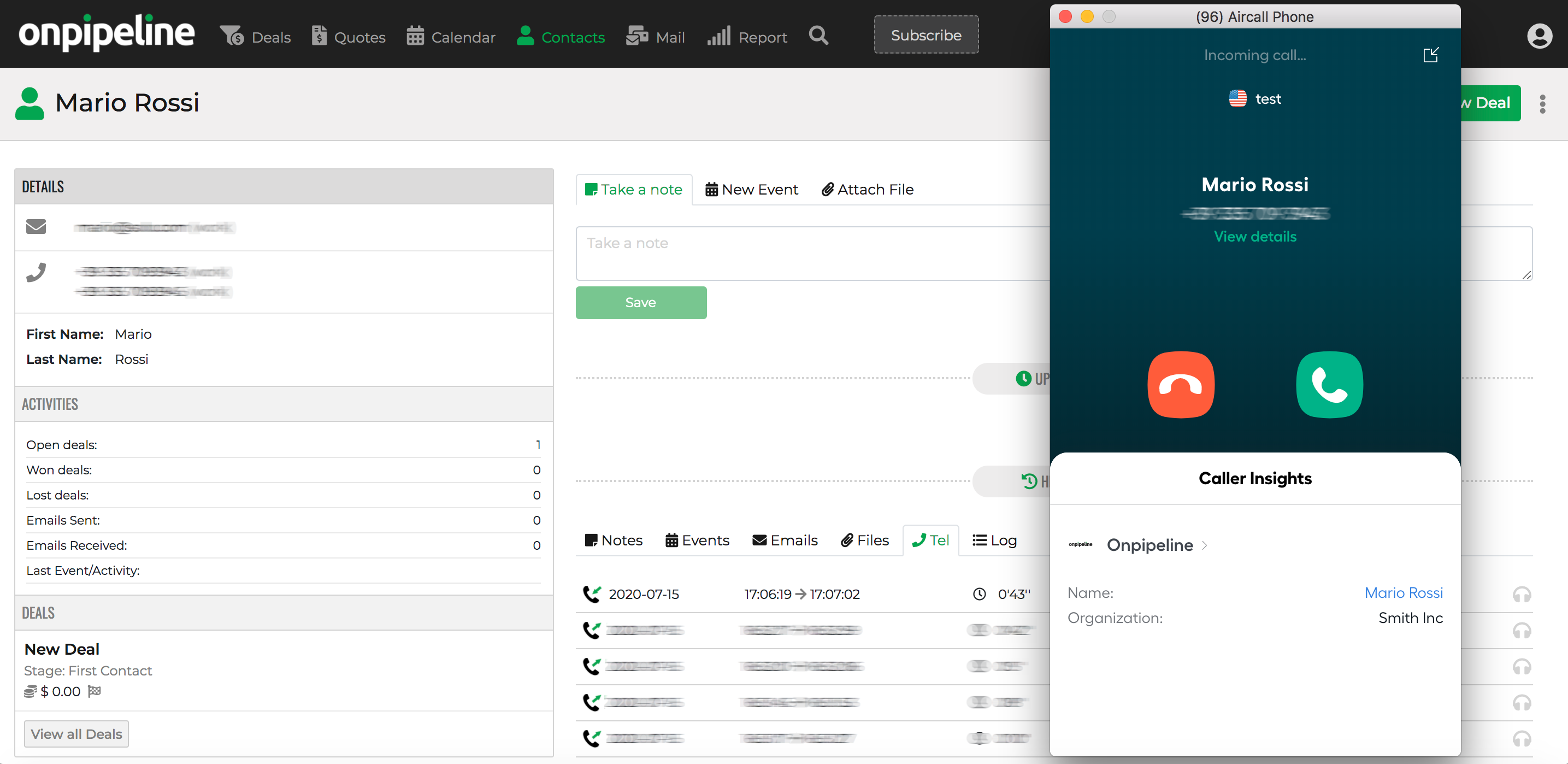 Aircall Onpipeline integration