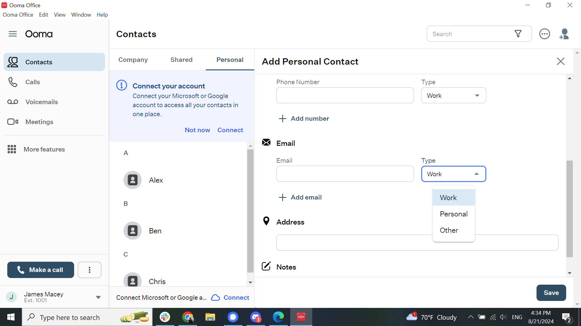 Ooma contact email dropdown