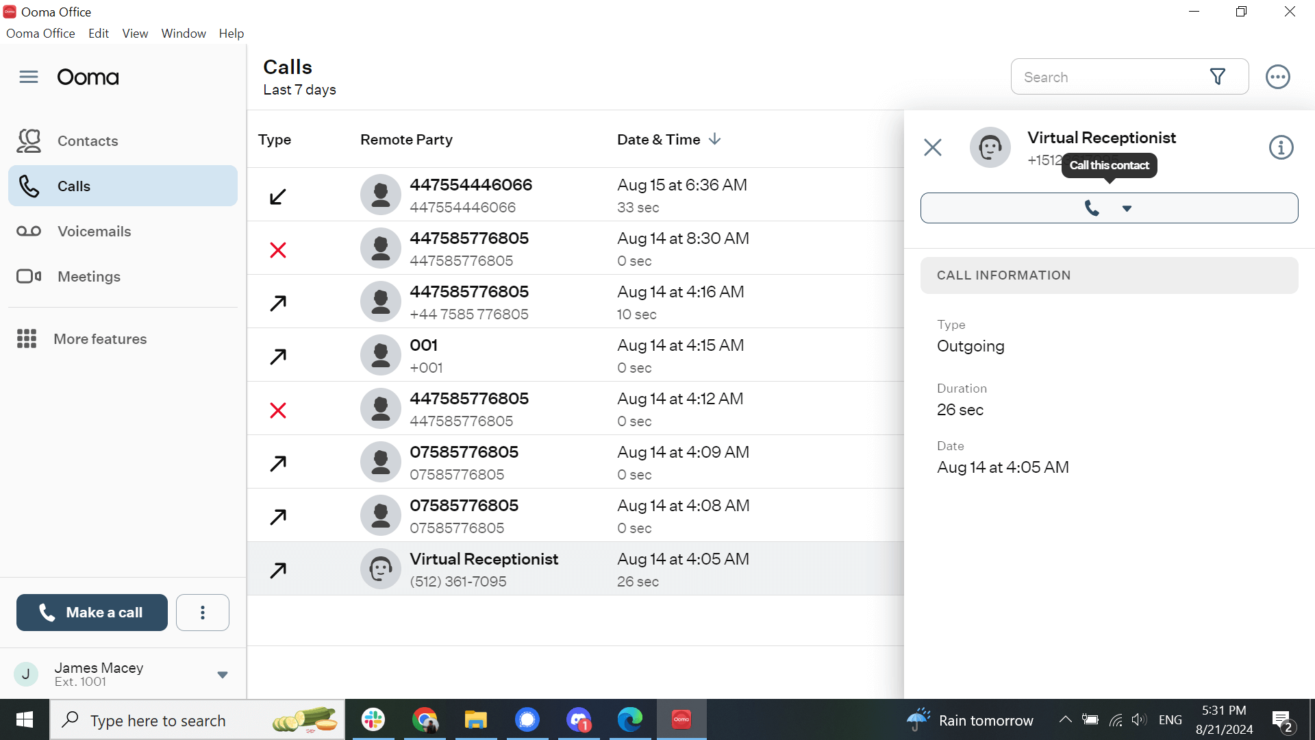 Ooma desktop app call log