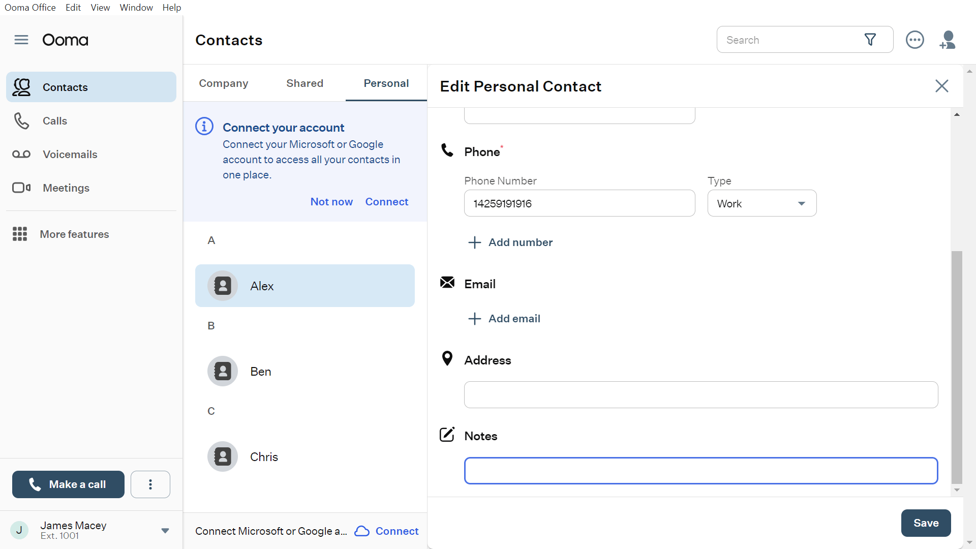 Ooma: Editing the existing contact with a notes section