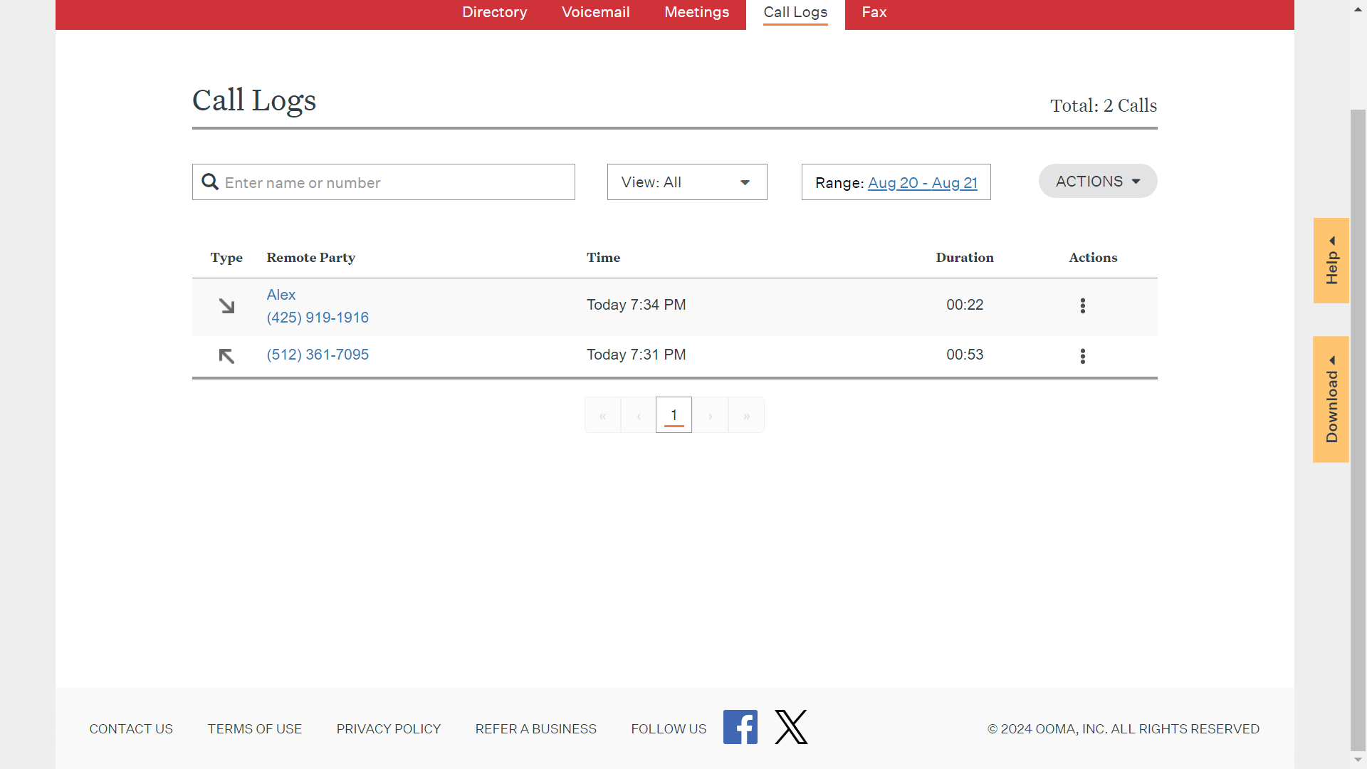 Ooma web app has call logs